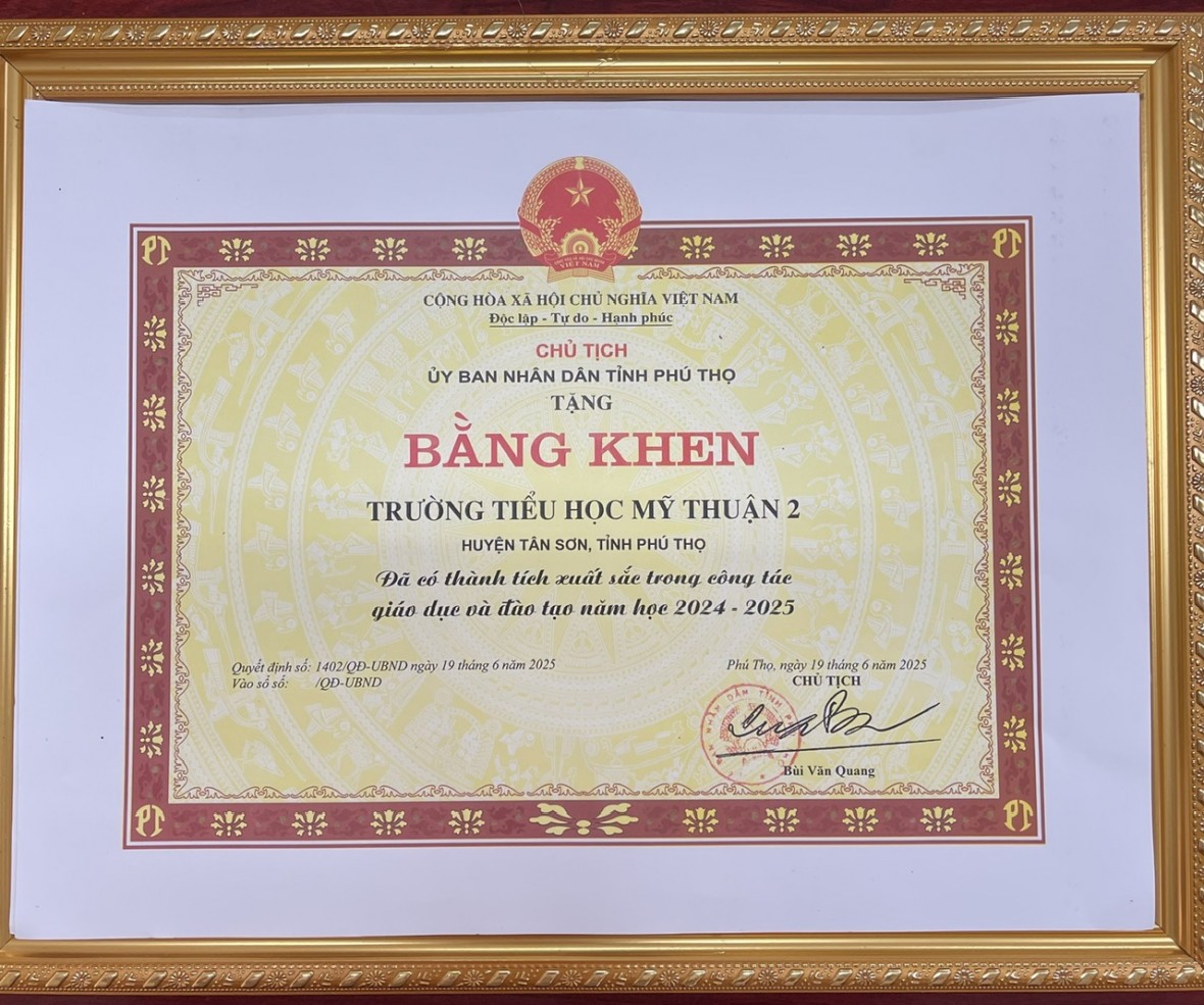 Bằng khen của UBND tỉnh Phú Thọ tặng Trường tiểu học Mỹ Thuận 2