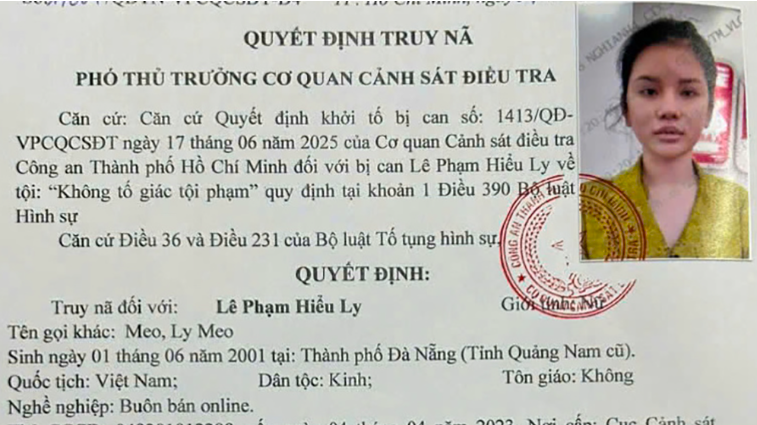 Công an TPHCM phát lệnh truy nã Lê Phạm Hiểu Ly. Ảnh: CA HCM