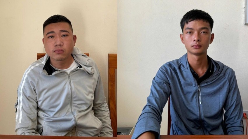 Đối tượng Lý Trung Kiên (SN 2004, trú tại xã Sơn Dương, Tuyên Quang) và Dương Văn Thái (SN 2000, trú tại tỉnh Phú Thọ). Ảnh: CAT