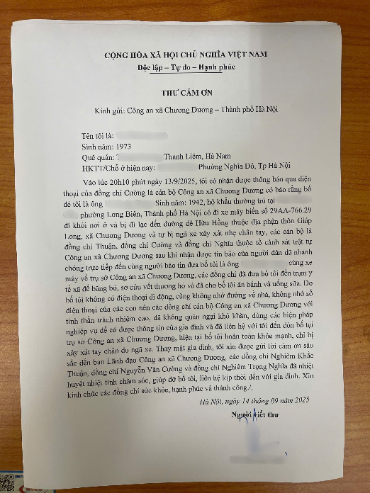 Công an xã Chương Dương giúp đỡ đưa cụ ông 82 tuổi đi lạc về với gia đình