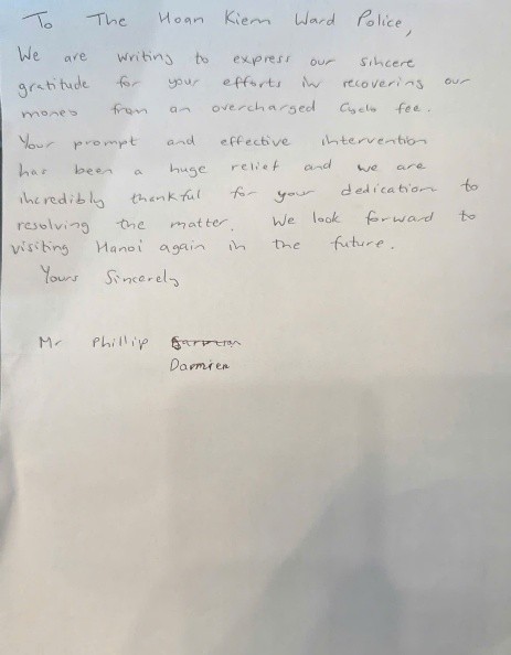 Bức thư cảm ơn gửi Công an phường của gia đình ông Phillip Damien.