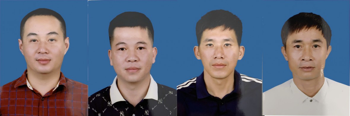 Các đối tượng bị khởi tố, lần lượt từ trái sang phải: Nguyễn Hải Tú, Lâm Duy Minh, Nguyễn Văn Giáo, Nguyễn Văn Sơn