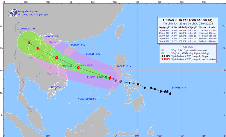 Bão số 10 di chuyển rất nhanh về phía vùng biển và đất liền khu vực Bắc Trung Bộ và Bắc Bộ nước ta, càng vào gần bờ biển nước ta bão càng mạnh lên.