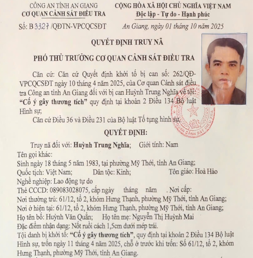 Công an An Giang truy nã đối tượng cố ý gây thương tích