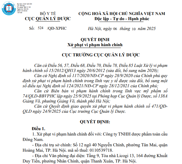 Công ty TNHH dược phẩm toàn cầu Đông Nam bị xử phạt 75 triệu đồng