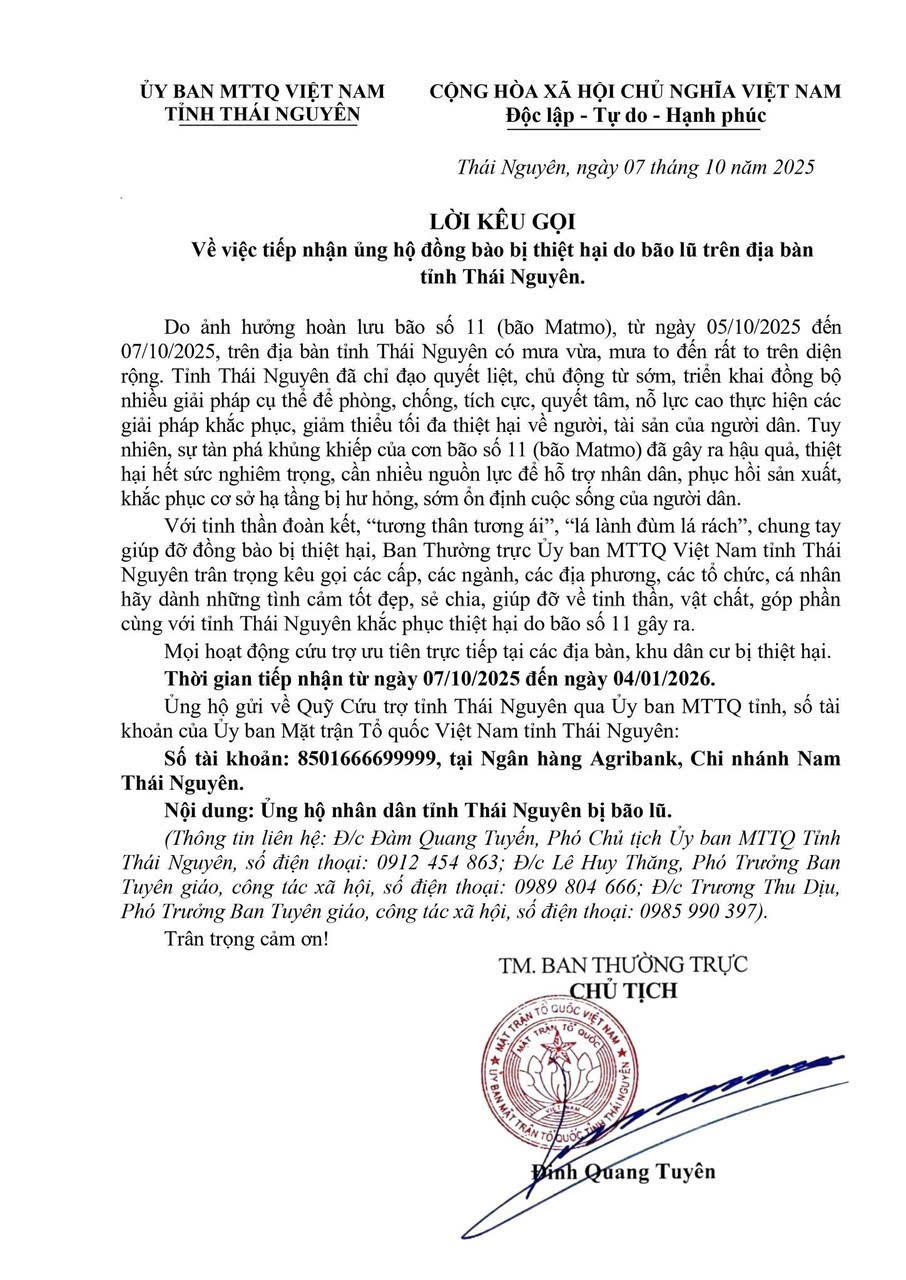 Thái Nguyên kêu gọi ủng hộ đồng bào bị thiệt hại do bão số 11 gây ra