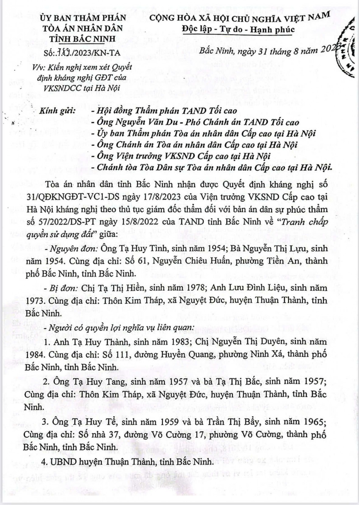 Vụ việc đã thi hành án dân sự xong thì bị giám đốc thẩm huỷ án ở Bắc Ninh: Chờ đợi một phán quyết công tâm!