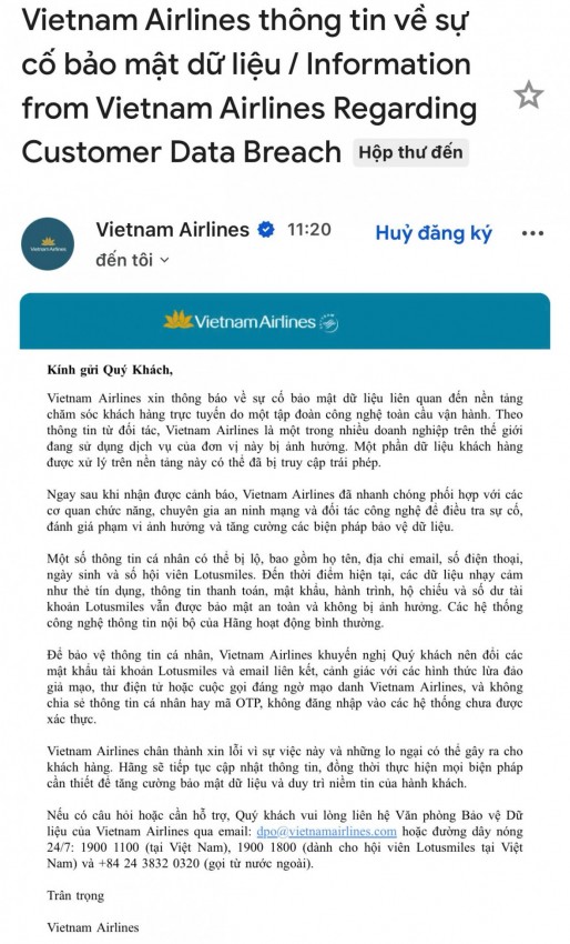 Khách hàng của Vietnam Airlines bị lộ thông tin cá nhân do sự cố bảo mật dữ liệu