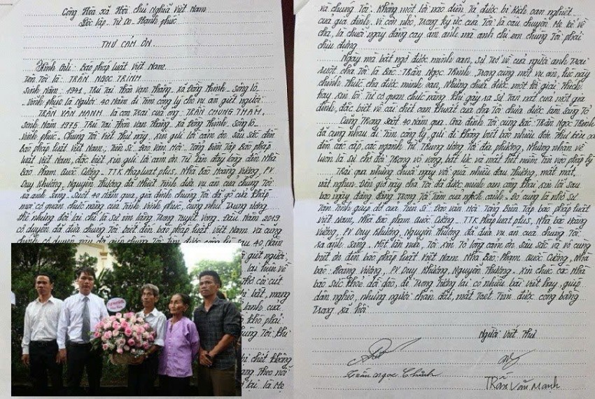 Gia đình cụ ông Trần Ngọc Trinh Trần Chung Tham viết tâm tư cảm ơn báo Pháp luật Việt Nam trong suốt chặng được giải oan cho các cụ ông.