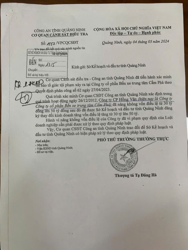 Văn bản của cơ quan CSĐT Công an tỉnh Quảng Ninh xác định hành vi nâng khống vốn điều lệ của Công ty Hồng Vân nay là Công ty cổ phần bến xe Cẩm Phả là vi phạm quy định của Luật doanh nghiệp cần phải được xử lý theo quy định. Văn bản của cơ quan CSĐT Công an tỉnh Quảng Ninh xác định hành vi nâng khống vốn điều lệ của Công ty Hồng Vân nay là Công ty cổ phần bến xe Cẩm Phả là vi phạm quy định của Luật doanh nghiệp cần phải được xử lý theo quy định.