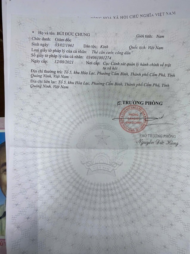 Giấy đăng ký doanh nghiệp Công ty cổ phần thay đổi lần thứ 6 do ông Nguyễn Đức Hùng, Phó trưởng phòng ĐKKD cấp cho ông Bùi Đức Chinh làm Chủ tịch HĐQT còn ông Bùi Đức Chung làm Giám đốc. Giấy đăng ký doanh nghiệp Công ty cổ phần thay đổi lần thứ 6 do ông Nguyễn Đức Hùng, Phó trưởng phòng ĐKKD cấp cho ông Bùi Đức Chinh làm Chủ tịch HĐQT còn ông Bùi Đức Chung làm Giám đốc.