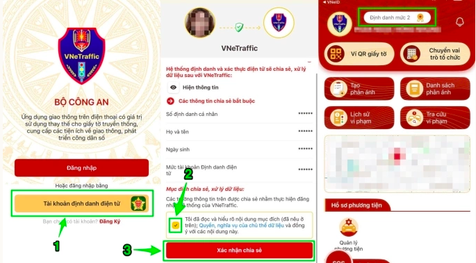 Các bước để định danh mức 2 trên ứng dụng VNeTraffic. Ảnh chụp màn hình