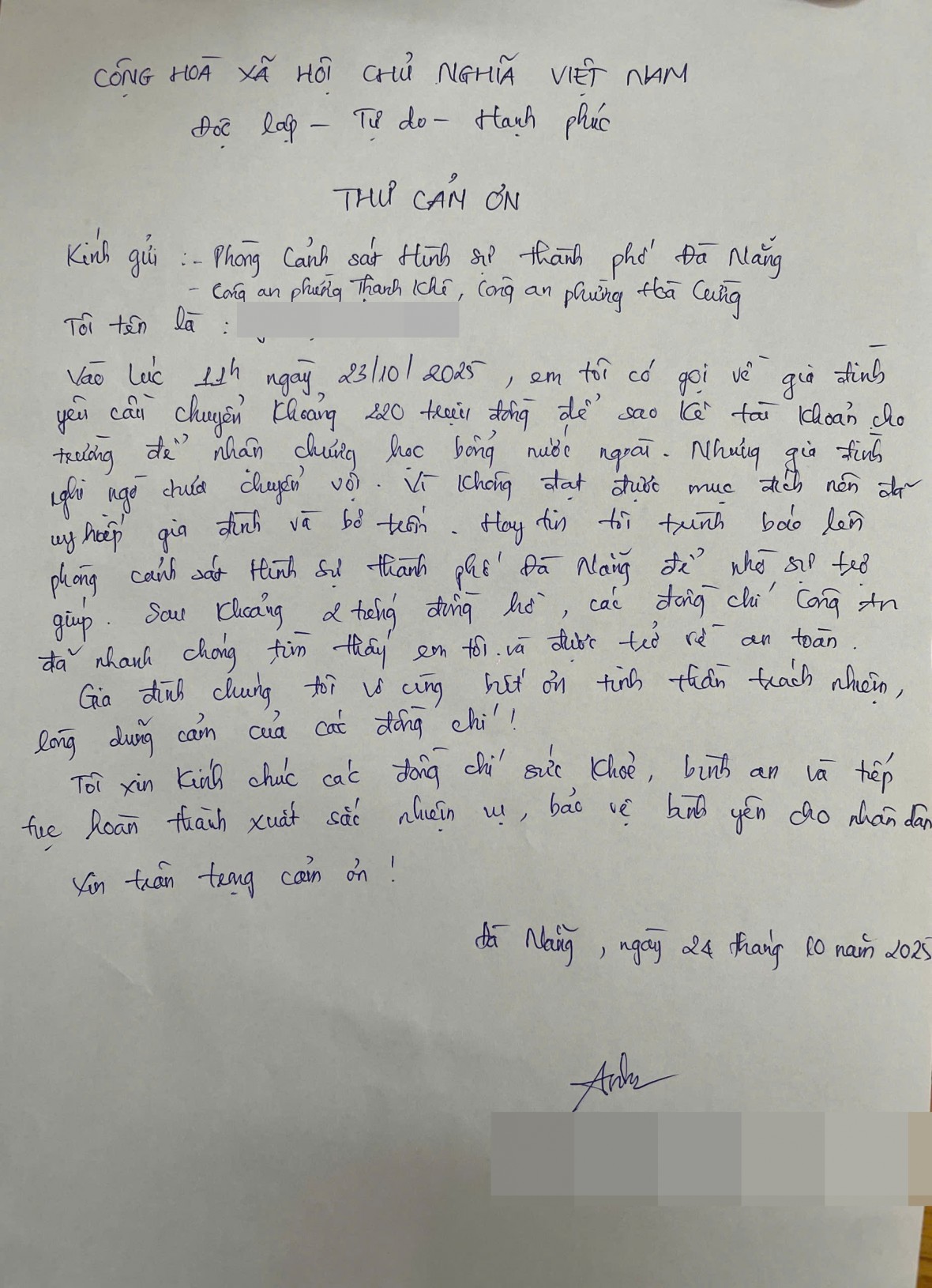 Gia đình em L.T.A.Ng. viết thư cảm ơn lực lượng chức năng.