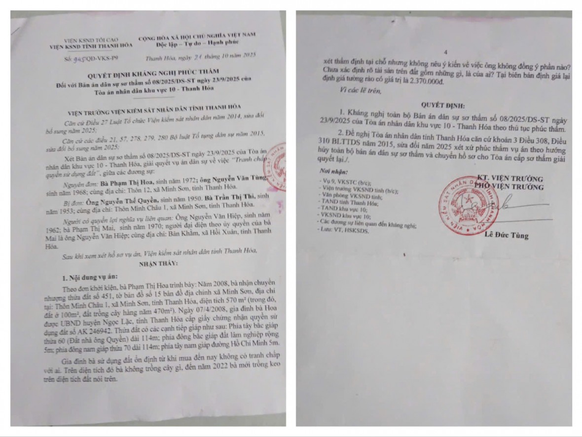 Bản án sơ thẩm vụ tranh chấp dân sự ở Minh Sơn của Toà án khu vực 10 – Thanh Hoá bị VKSND tỉnh kháng nghị Bản án sơ thẩm vụ tranh chấp dân sự ở Minh Sơn của Toà án khu vực 10 – Thanh Hoá bị VKSND tỉnh kháng nghị