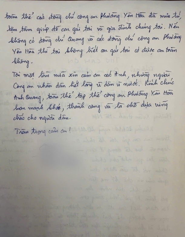 Gia đình chị V.A gửi thư cảm ơn Công an phường Yên Hòa.