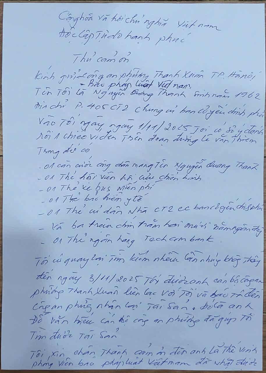 Anh Nguyễn Quang Thanh gửi thư cảm ơn đến người nhặt được ví của mình.