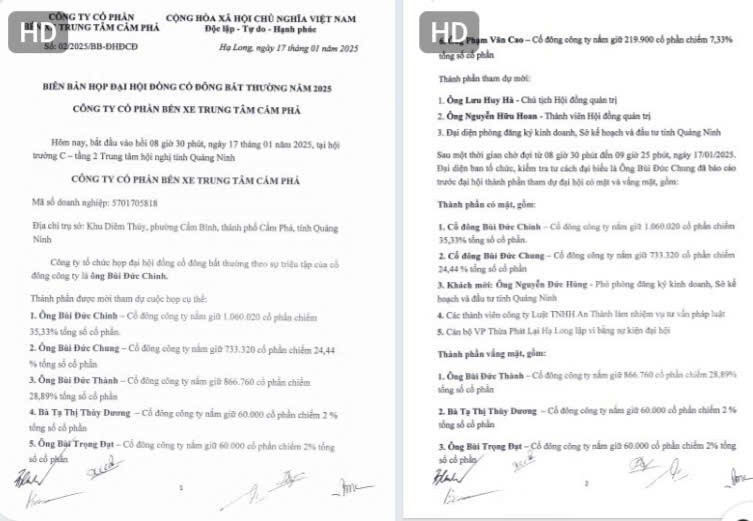 Biên bản họp đại hội đồng cổ đông bất thường năm 2025 của Công ty CP bến xe trung tâm Cẩm Phả do ông Bùi Đức Chinh triệu tập có sự tham dự của ông Nguyễn Đức Hùng, Phó phòng đăng ký kinh doanh thuộc Sở Tài Chính tỉnh Quảng Ninh.