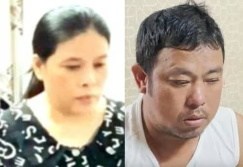 Hai đối tượng Lê Thị Thanh Nga và Lê Thanh tại cơ quan Công an.