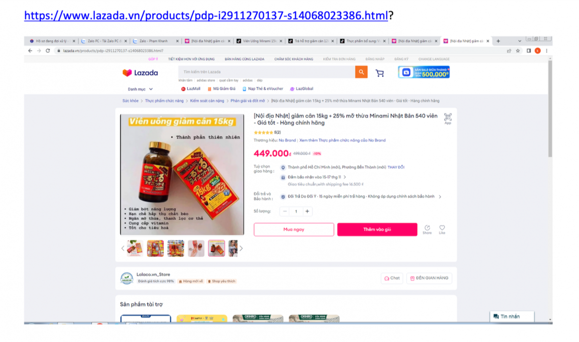 Hình ảnh quảng cáo sản phẩm viên uống giảm cân 15kg trên Lazada