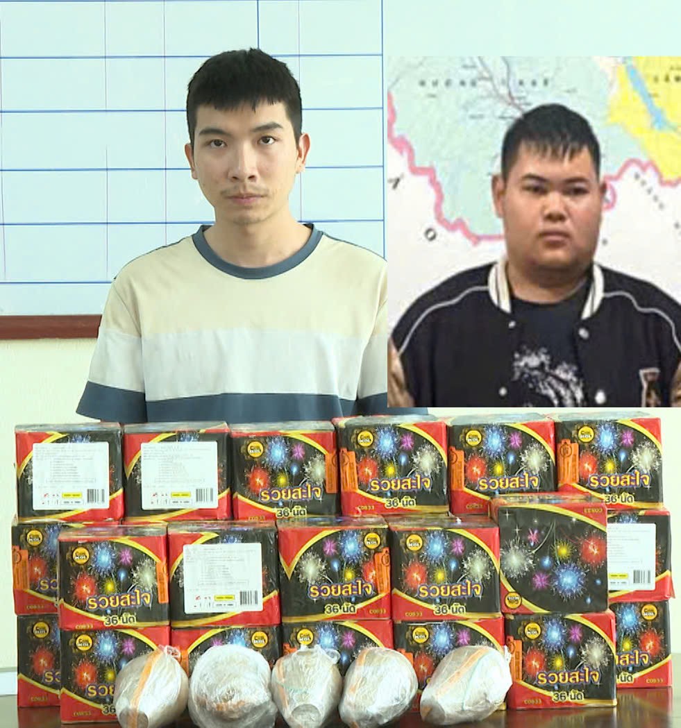 2 đối tượng bị bắt giữ cùng số pháo. (Ảnh: CATH)