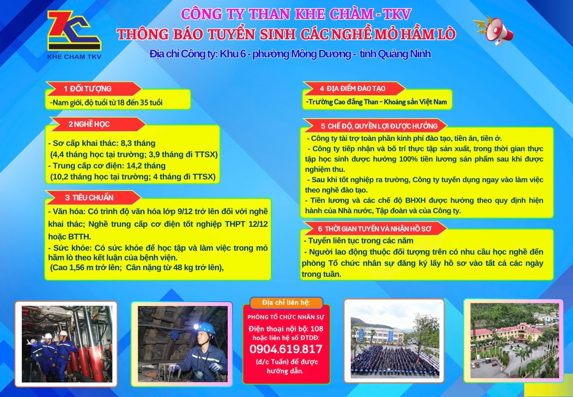Công ty Than Khe Chàm – TKV tuyển sinh đào tạo nghề mỏ hầm lò, cam kết việc làm sau tốt nghiệp