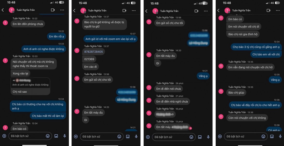 Một số đoạn tin nhắn các đối tượng trao đổi với nạn nhân. (Ảnh: Bộ Công an)