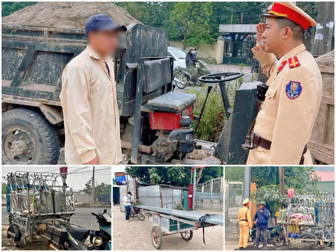 Nhiều trường hợp xe ba bánh tự chế, xe chở hàng cồng kềnh gây mất an toàn giao thông bị phát hiện, xử lý. (Ảnh: Công an TP Hà Nội)