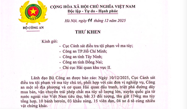 Lãnh đạo Bộ Công an gửi Thư khen các đơn vị chức năng phá chuyên án ma tuý xuyên quốc gia