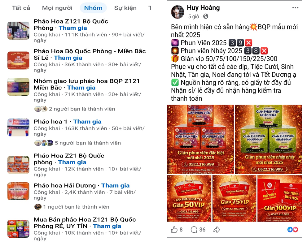 Hình Ảnh một số fanpage, bài viết có nội dung rao bán các loại pháo hoa do Bộ Quốc phòng sản xuất trên mạng xã hội facebook. Hình Ảnh một số fanpage, bài viết có nội dung rao bán các loại pháo hoa do Bộ Quốc phòng sản xuất trên mạng xã hội facebook.