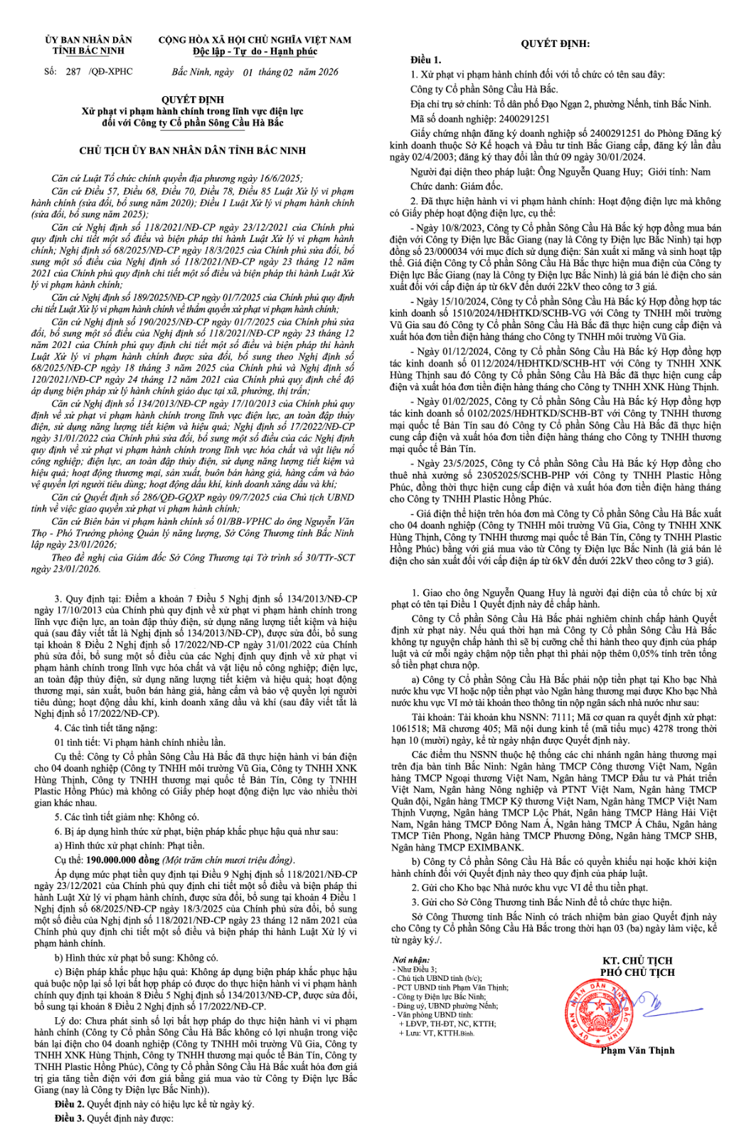 Công ty cổ phần Sông Cầu Hà Bắc bị phạt 190 triệu đồng vì bán điện trái phép