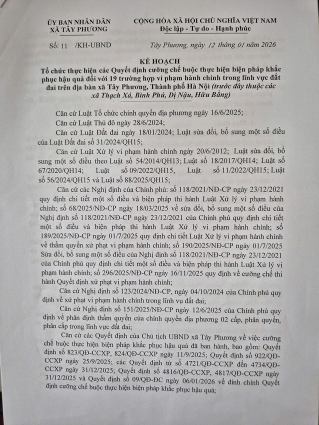 Kế hoạch cưỡng chế buộc khắc phục hậu quả đối với 19 trường hợp vi phạm hành chính trong linh vực đất đai trên địa vàn xã Tây Phương.