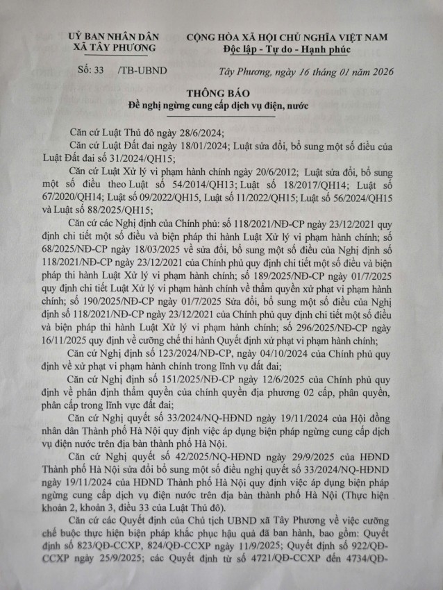 UBND xã Tây Phương sử dụng biện pháp mạnh tay khi đề nghị công ty cung cấp điện, cung cấp nước cắt điện, cắt nước đối với các trường hợp xây dựng vi phạm vẫn cố tình hoạt động.