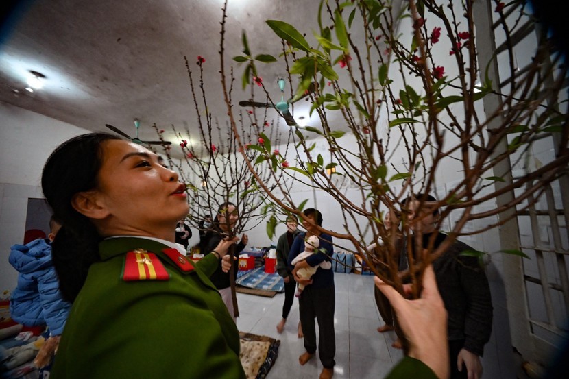 Khoảnh khắc cành đào xuân được đưa vào khu vực các nữ phạm nhân đang chăm sóc con. Sắc hoa rực rỡ dường như làm bừng sáng không gian vốn ảm đạm, mang theo hy vọng về một năm mới an lành và hướng thiện.