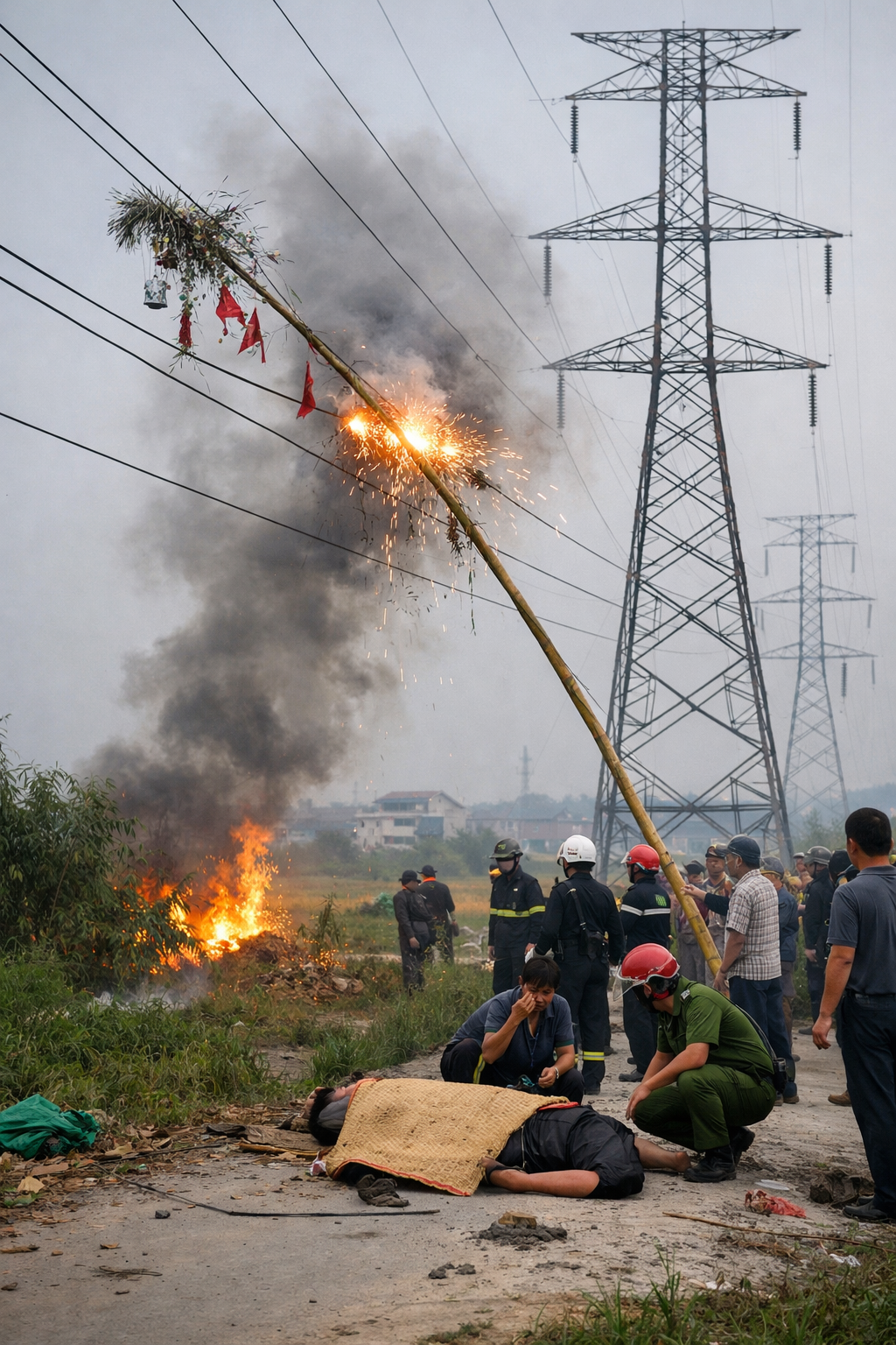 Dựng cây Nêu sát đường điện cao thế gây chết người. Ảnh minh họa