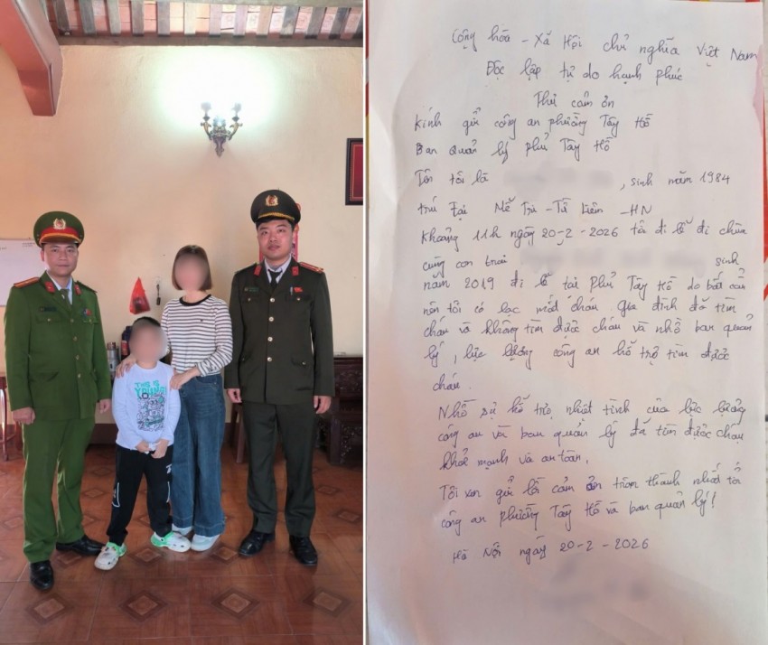 Công an phường Tây Hồ bàn giao cháu N.Đ.M.K an toàn cho gia đình.