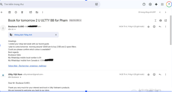 Email từ ông Boubacar Djibo đặt lịch hẹn trải nghiệm ULTTY BB tại showroom, mở đầu cho hành trình kết nối vượt khoảng cách địa lý. Email từ ông Boubacar Djibo đặt lịch hẹn trải nghiệm ULTTY BB tại showroom, mở đầu cho hành trình kết nối vượt khoảng cách địa lý.