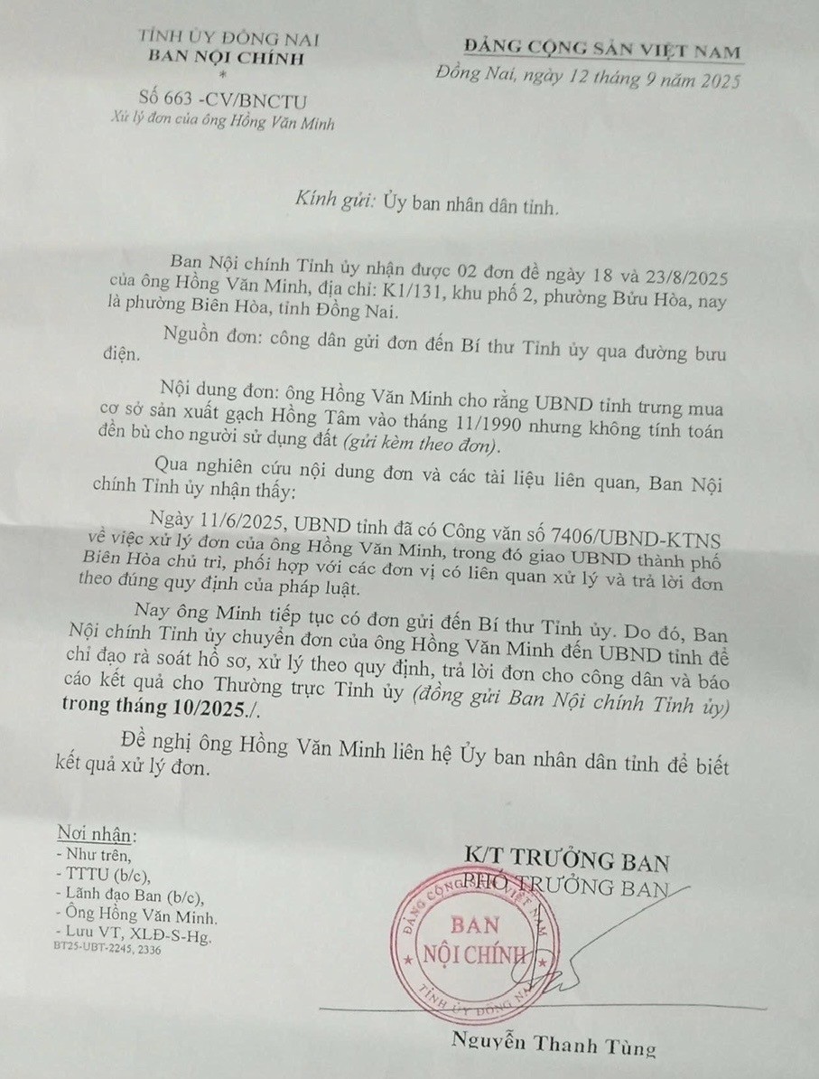 Văn bản Ban Nội chính gửi UBND tỉnh Đồng Nai để chỉ đạo giải quyết đơn của ông Hồng Văn Minh. Văn bản Ban Nội chính gửi UBND tỉnh Đồng Nai để chỉ đạo giải quyết đơn của ông Hồng Văn Minh.