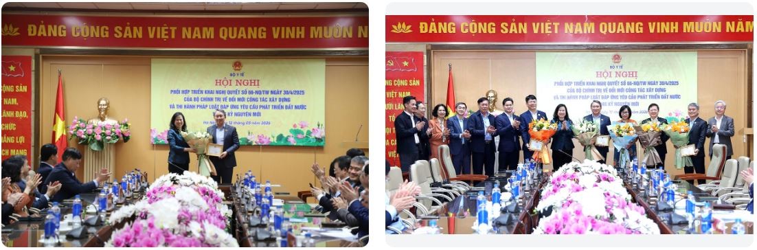 Lãnh đạo Bộ Y tế trao tặng Kỷ niệm chương "Vì Sức khoẻ nhân dân" của ngành y tế tới Bộ trưởng Nguyễn Hải Ninh và các đồng chí Thứ trưởng Bộ Tư pháp.