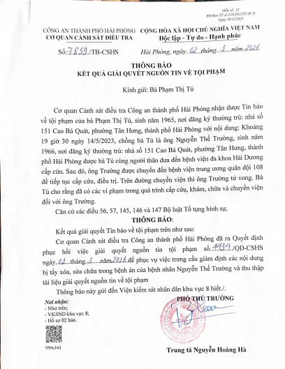 Thông báo phục hồi nguồn tin tố giác tội phạm của Công an TP Hải Phòng gửi cho bà Phạm Thị Tú. Ảnh. bà Tú cung cấp.