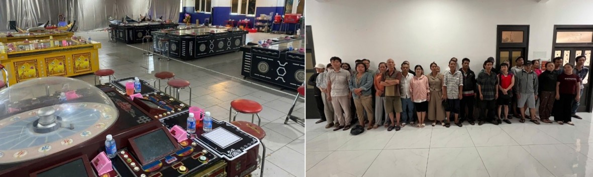 Hiện trường vụ việc và các đối tượng đánh bạc được đưa về cơ quan Công an. (Ảnh: Công an tỉnh Lâm Đồng)