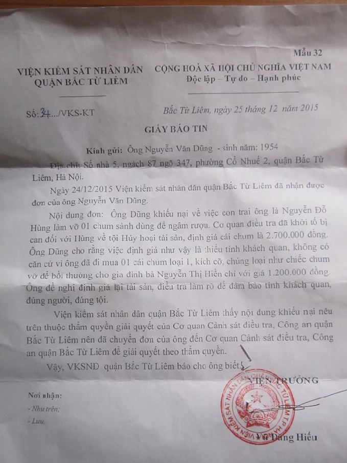 Giấy b&aacute;o tin của Viện Kiểm S&aacute;t nh&acirc;n d&acirc;n quận Bắc Từ Li&ecirc;m.