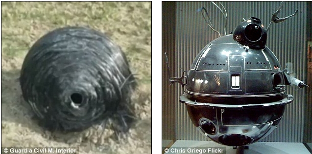 Quả cầu b&iacute; ẩn rơi từ tr&ecirc;n trời xuống ở ng&ocirc;i l&agrave;ng của T&acirc;y Ban Nha hồi th&aacute;ng 11/2015 (tr&aacute;i). Ảnh: Dailymail.