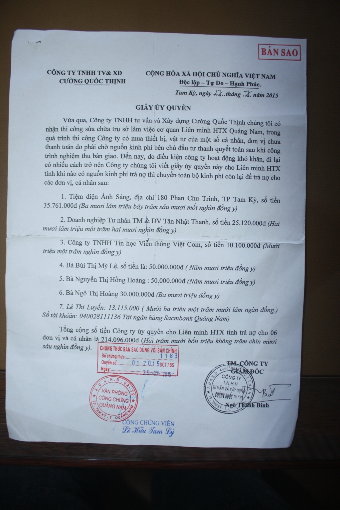 Giấy ủy quyền trả nợ cho 7 chủ nợ của Cty Cường QuốcThịnh.
