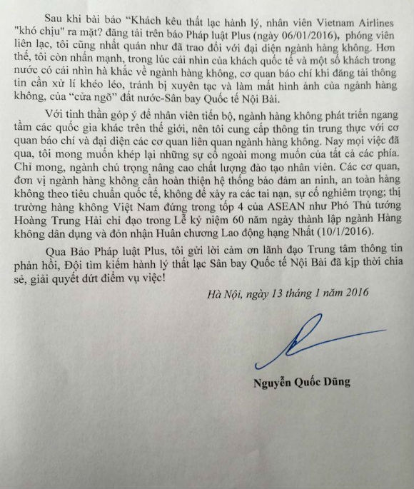 Những chia sẻ của h&agrave;nh kh&aacute;ch Nguyễn Quốc Dũng gửi tới ng&agrave;nh h&agrave;ng kh&ocirc;ng.