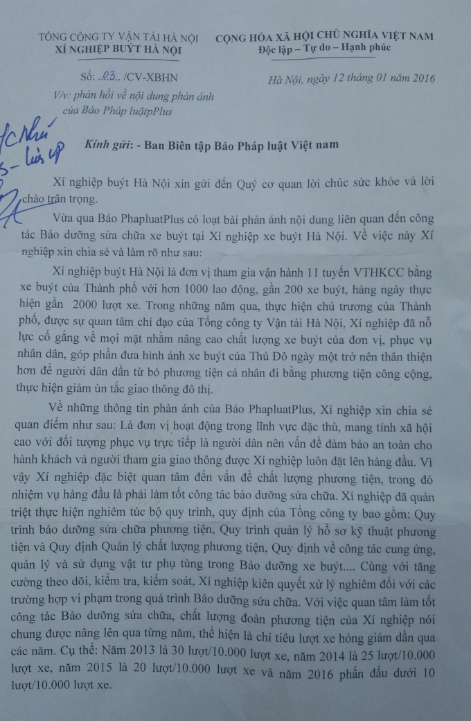 Nội dung c&ocirc;ng văn của X&iacute; nghiệp xe bu&yacute;t H&agrave; Nội.