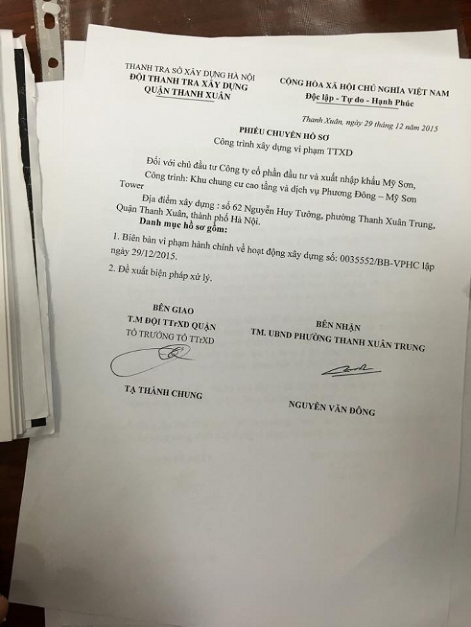 Một trong những bi&ecirc;n bản xử l&yacute; chủ đầu tư về sai phạm trật tự đ&ocirc; thị.