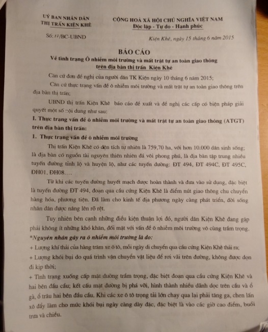 &nbsp;B&aacute;o c&aacute;o của UBND thị trấn Kiện Kh&ecirc; về t&igrave;nh trạng &ocirc; nhiễm m&ocirc;i trường.