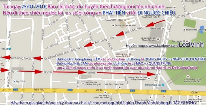 Sơ đồ th&iacute; điểm đường một chiều tr&ecirc;n đường Đinh C&ocirc;ng Tr&aacute;ng v&agrave; Đường Ngư Hải (mũi t&ecirc;n đỏ).