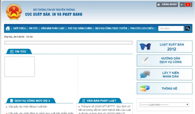 Website của cục Xuất bản, In v&agrave; Ph&aacute;t h&agrave;nh