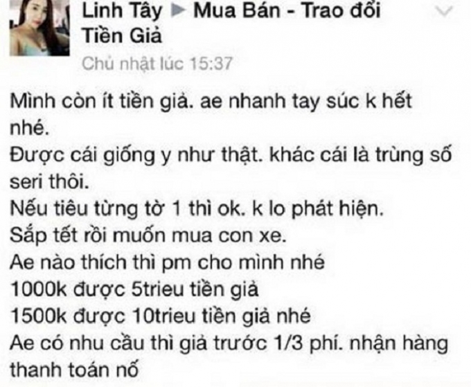 Một đối tượng kh&aacute;c cũng trao đổi tiền giả tr&ecirc;n c&aacute;c diễn đ&agrave;n mạng.